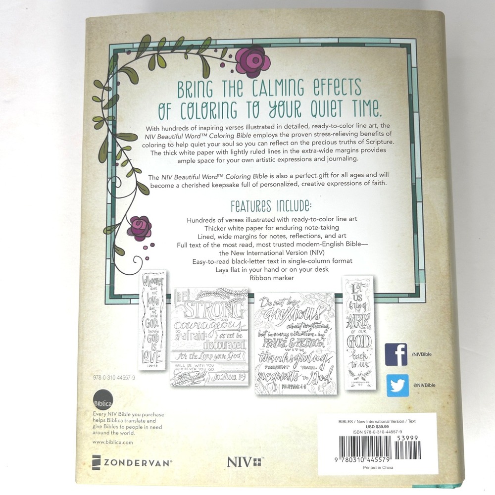 NIV Beautiful Word Coloring Bible Zondervan Hardcover 2016 Illustrated Verses - Picture 5 of 13